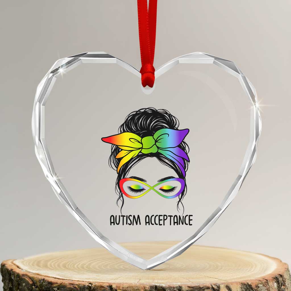 Autism Acceptance Heart Crystal Glass Ornament Neurodiversity Awareness Messy Bun Women TS14 Transparent Glass 3'' Heart Print Your Wear