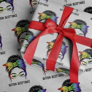 Autism Acceptance Wrapping Paper Roll Neurodiversity Awareness Messy Bun Women TS14 White Print Your Wear