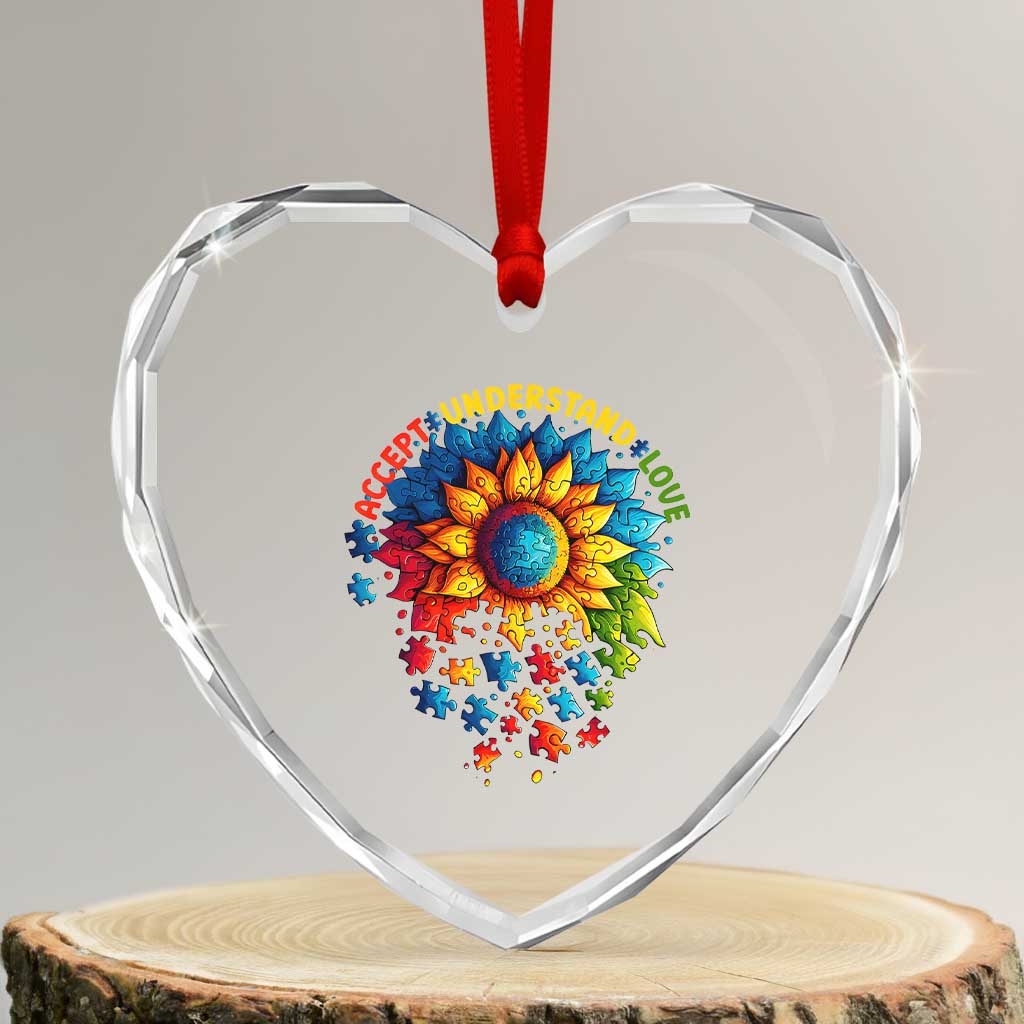Autism Acceptance Sunflower Puzzle Heart Crystal Glass Ornament Accept Understand Love ASD TS10 Transparent Glass 3'' Heart Print Your Wear
