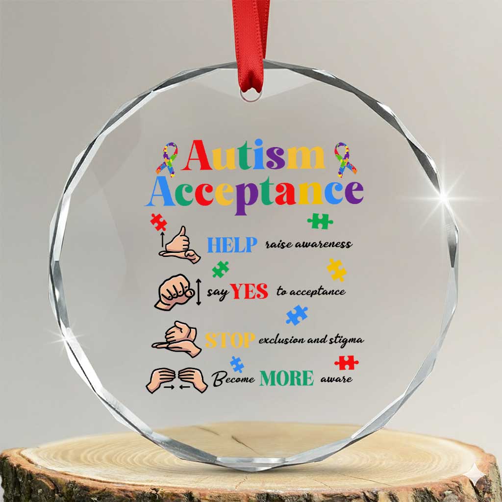 Autism Awareness Acceptance Hand Sign Language SPED Teacher Crystal Glass Ornament TS11 Transparent Glass 3'' Circle Print Your Wear