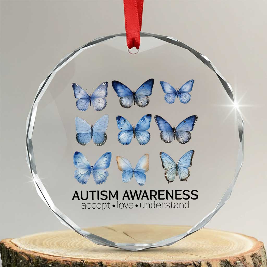 Autism Awareness Blue Butterflies Crystal Glass Ornament Accept Love Understand TS02 Transparent Glass 3'' Circle Print Your Wear