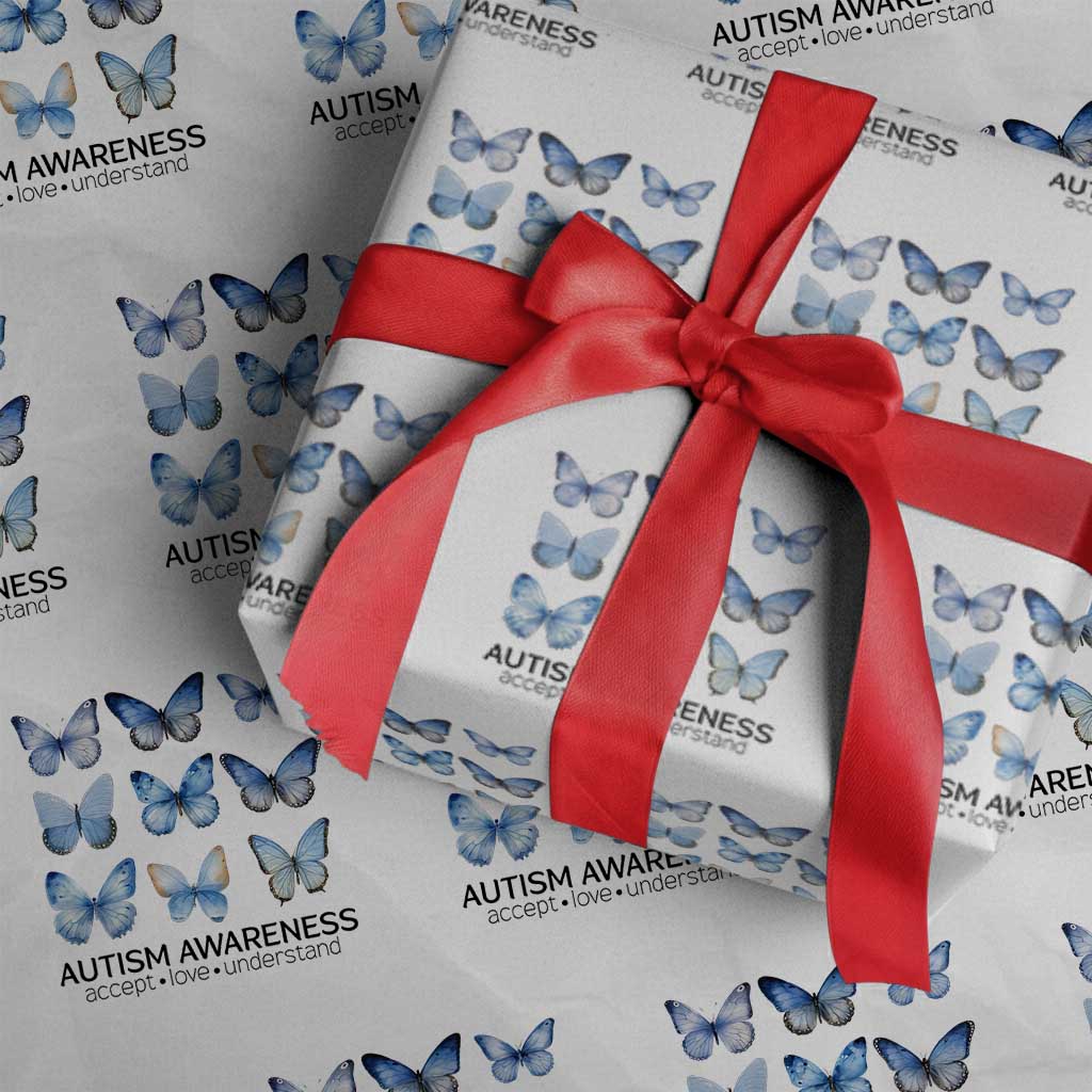 Autism Awareness Blue Butterflies Wrapping Paper Roll Accept Love Understand TS02 White Print Your Wear