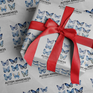 Autism Awareness Blue Butterflies Wrapping Paper Roll Accept Love Understand TS02 White Print Your Wear