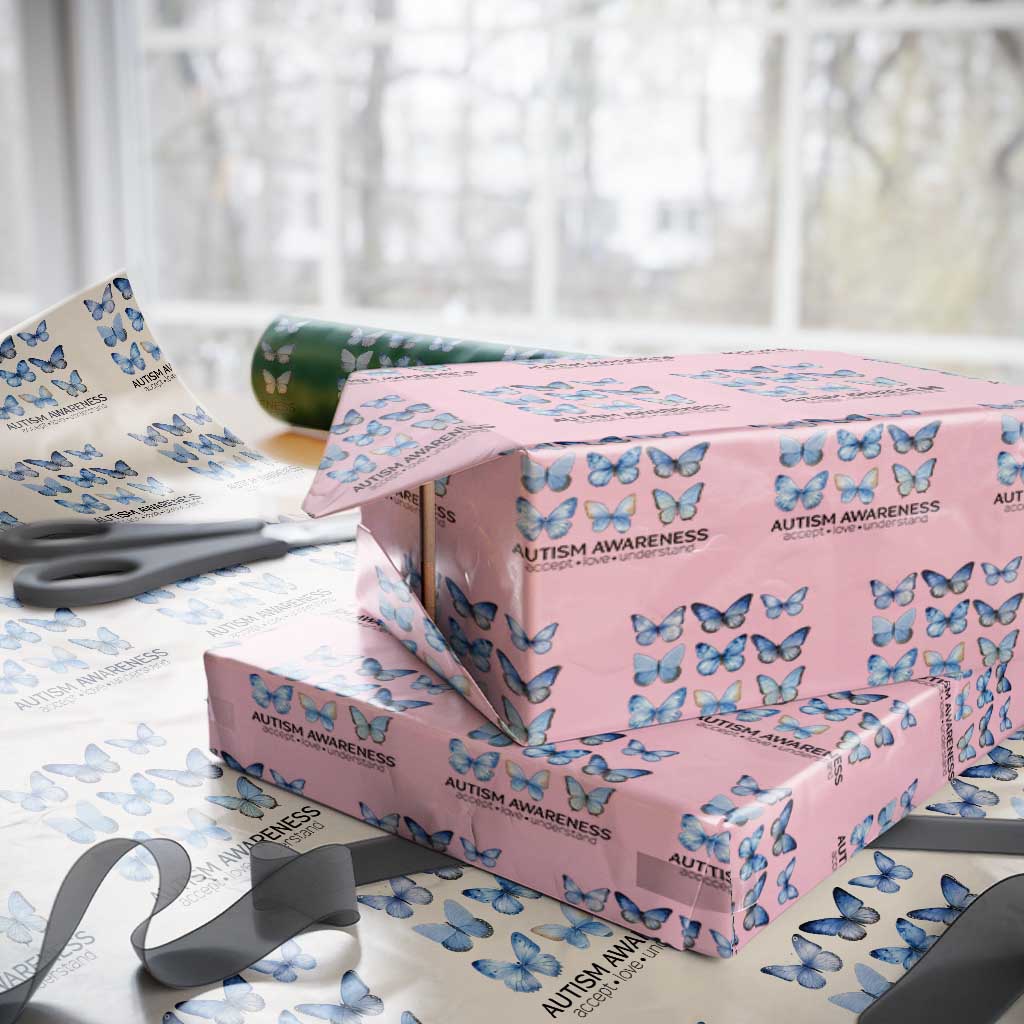 Autism Awareness Blue Butterflies Wrapping Paper Roll Accept Love Understand TS02 Light Pink Print Your Wear