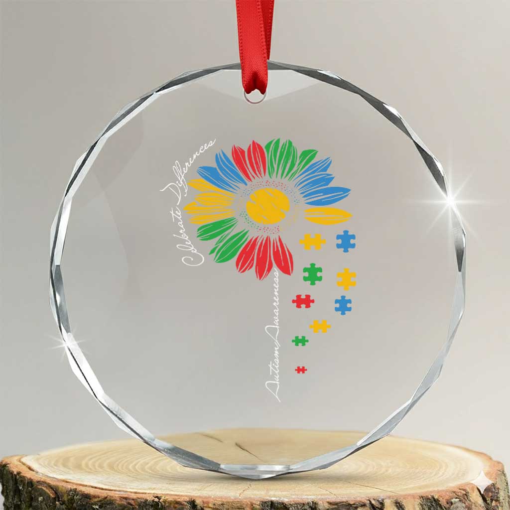 Autism Awareness Celebrate Differences Crystal Glass Ornament Sunflower Puzzle Pieces TS11 Transparent Glass 3'' Circle Print Your Wear