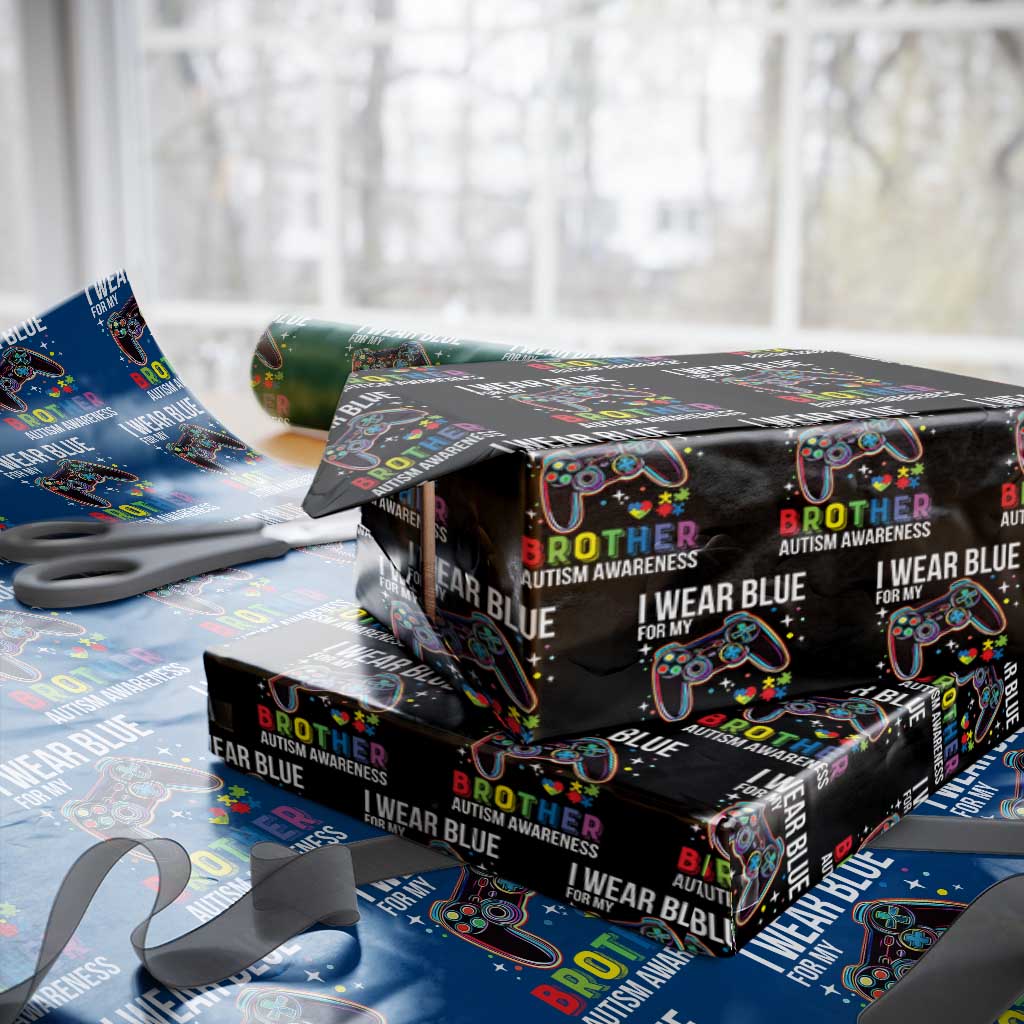 Autism Awareness Gamer Wrapping Paper Roll I Wear Blue for My Brother Video Game Family Support TS02 Black Print Your Wear