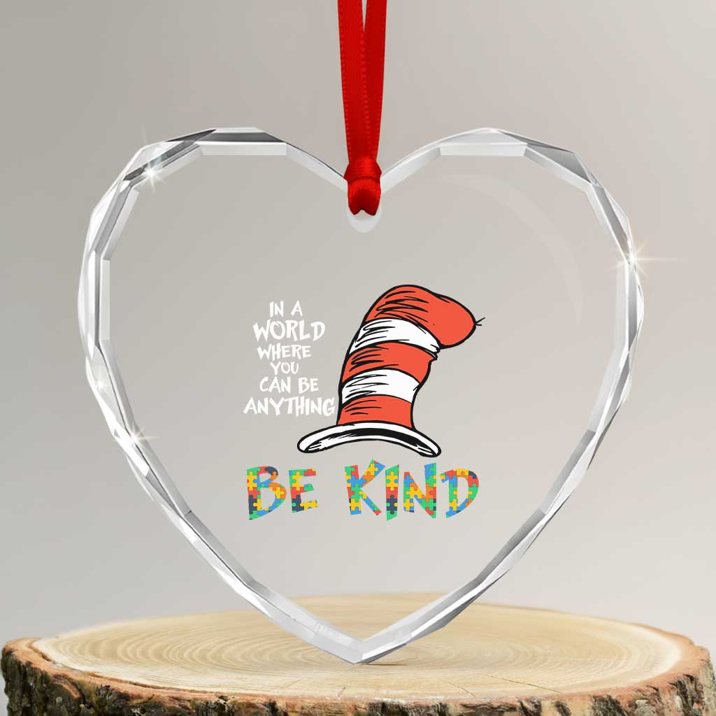 Autism Awareness Heart Crystal Glass Ornament Why Fit In When You Were Born To Stand Out Cat In Hat TS02 Transparent Glass 3'' Heart Print Your Wear