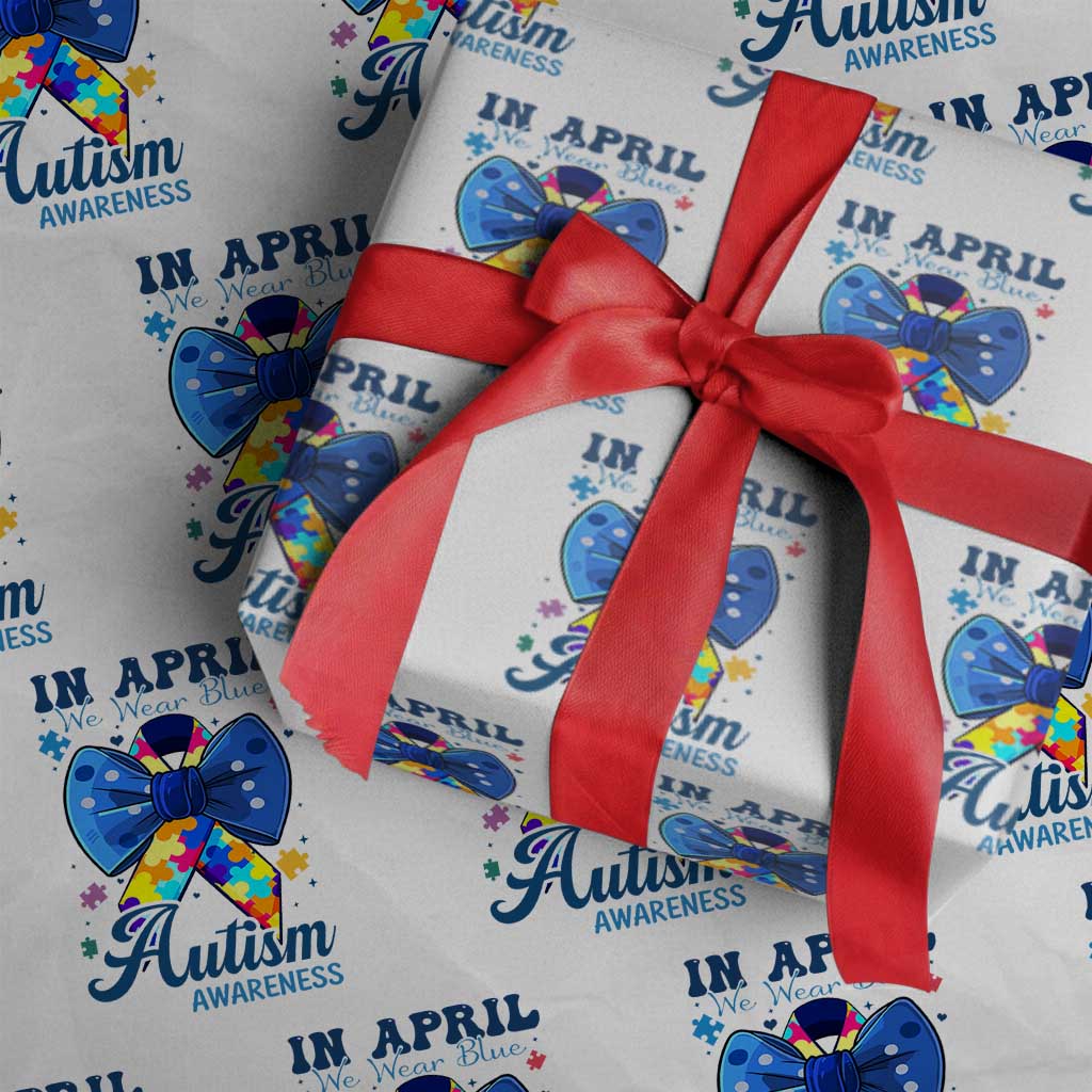 Autism Awareness Wrapping Paper Roll In April We Wear Blue Puzzle Ribbon Coquette Bow TS02 White Print Your Wear