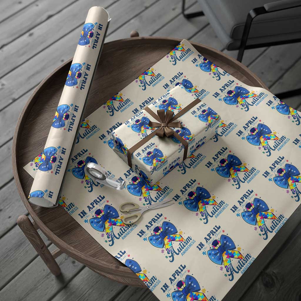 Autism Awareness Wrapping Paper Roll In April We Wear Blue Puzzle Ribbon Coquette Bow TS02 Beige Print Your Wear