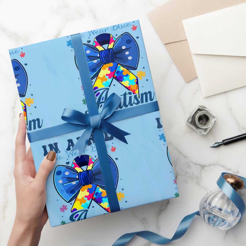 Autism Awareness Wrapping Paper Roll In April We Wear Blue Puzzle Ribbon Coquette Bow TS02 Light Blue Print Your Wear