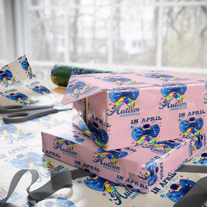 Autism Awareness Wrapping Paper Roll In April We Wear Blue Puzzle Ribbon Coquette Bow TS02 Light Pink Print Your Wear