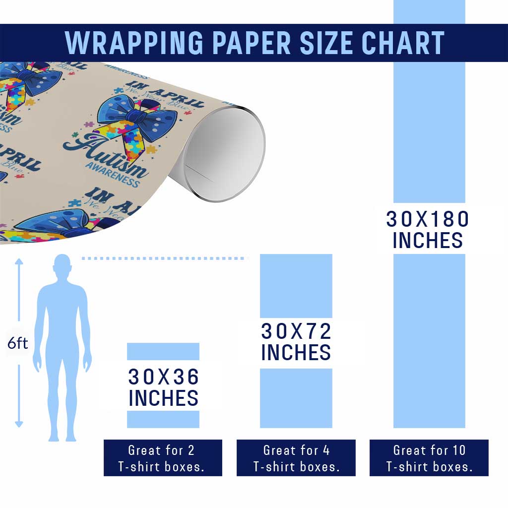 Autism Awareness Wrapping Paper Roll In April We Wear Blue Puzzle Ribbon Coquette Bow TS02 Print Your Wear