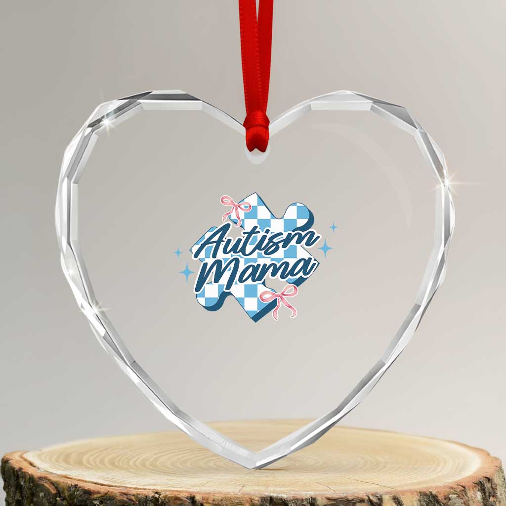 Autism Mama Coquette Puzzle Piece Pink Bow Heart Crystal Glass Ornament TS11 Transparent Glass 3'' Heart Print Your Wear