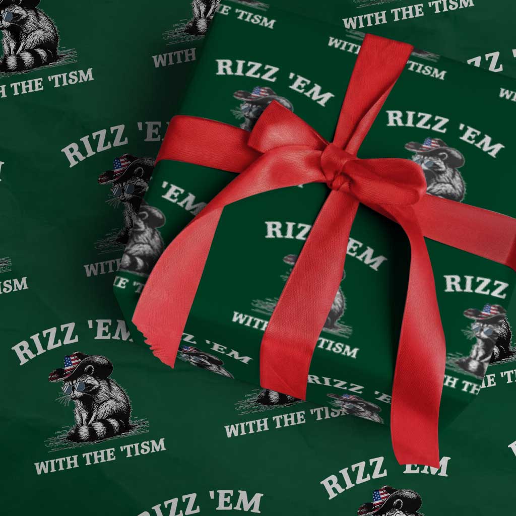 Autism Racoon Cowboy Wrapping Paper Roll Rizz Em With The Tism TS02 Green Print Your Wear