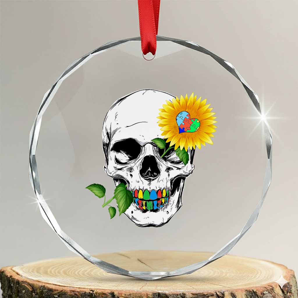 Autism Skull Sunflower Crystal Glass Ornament Support Autistic Puzzle Pieces Heart TS02 Transparent Glass 3'' Circle Print Your Wear