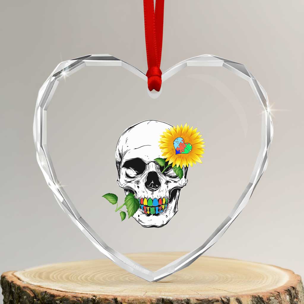 Autism Skull Sunflower Heart Crystal Glass Ornament Support Autistic Puzzle Pieces Heart TS02 Transparent Glass 3'' Heart Print Your Wear