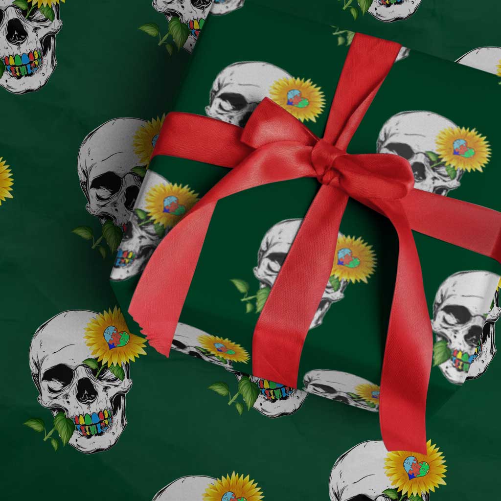 Autism Skull Sunflower Wrapping Paper Roll Support Autistic Puzzle Pieces Heart TS02 Green Print Your Wear