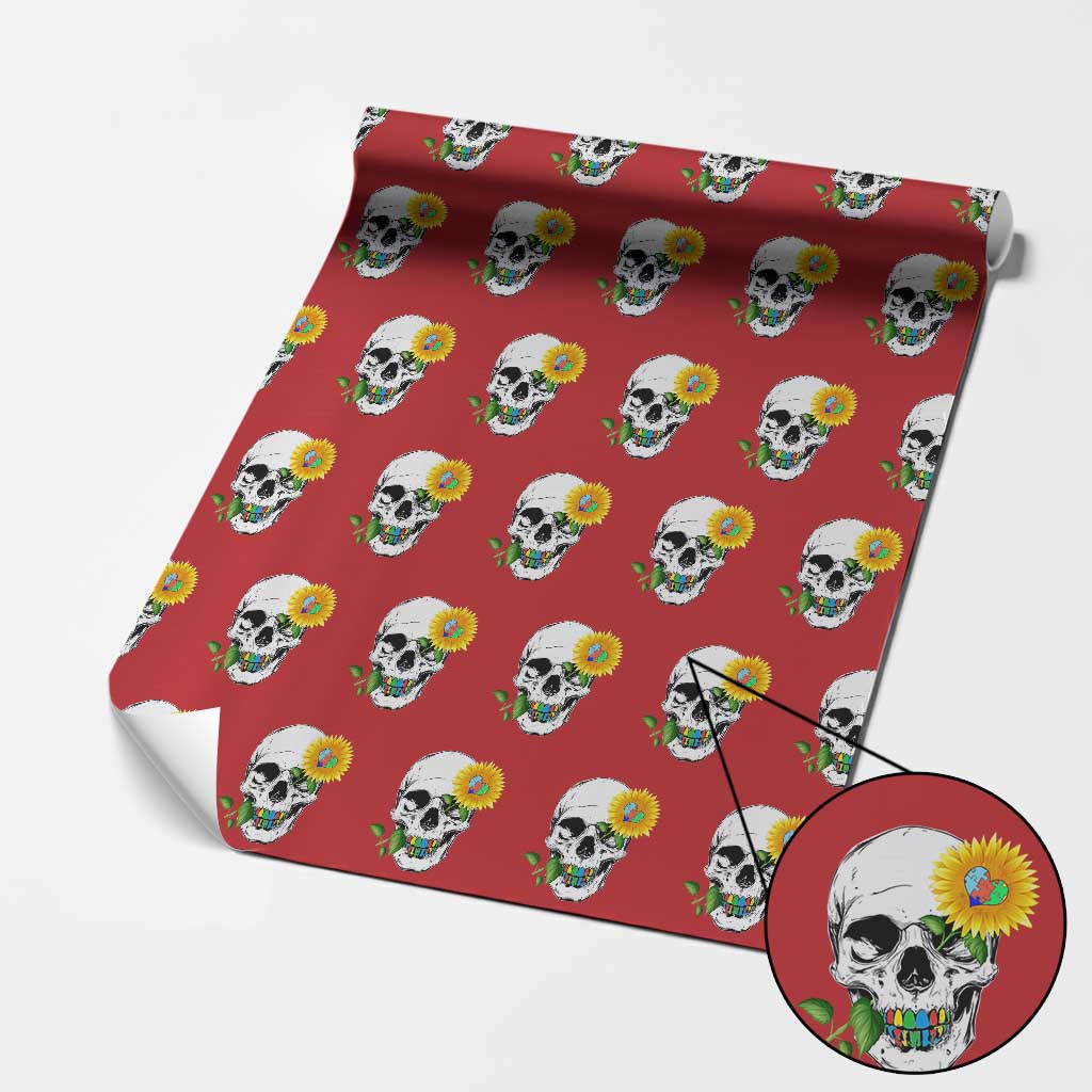 Autism Skull Sunflower Wrapping Paper Roll Support Autistic Puzzle Pieces Heart TS02 Red Print Your Wear
