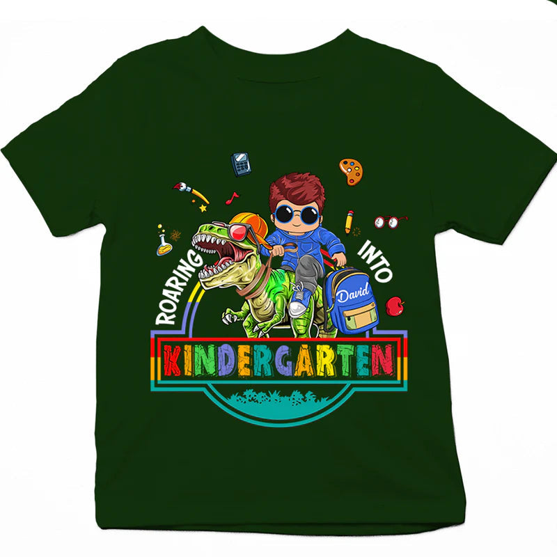 Personalized Roaring Into Kindergarten Riding Dinosaurs For Kid T Shirt CTM Youth Custom - Printyourwear