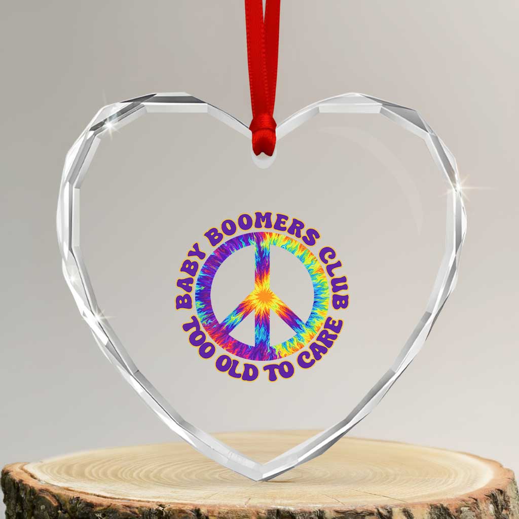 Baby Boomers Club Too Old To Care Retro Tie Dye Effect Printing Heart Crystal Glass Ornament Peace Sign Groovy 60s Hippie Humor Graphic TS02 Transparent Glass 3'' Heart Print Your Wear