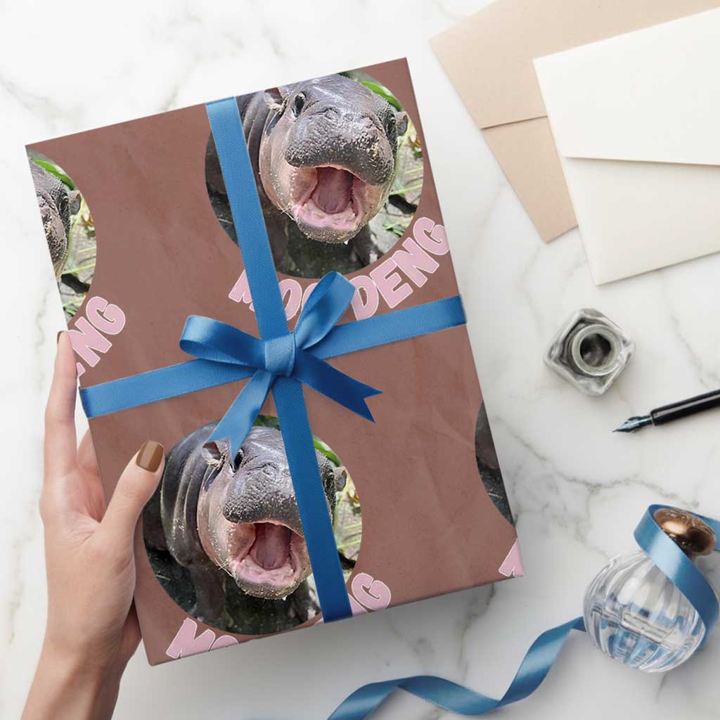 Baby Hippo Moo Deng Wrapping Paper Roll Cute Pygmy Hippopotamus Bouncy Pig TS02 Mocha Print Your Wear