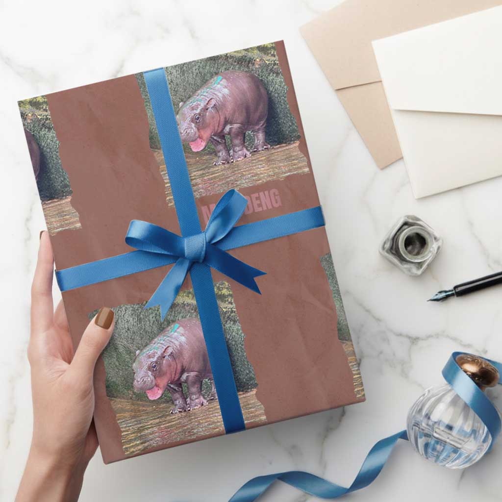 Baby Hippo Moo Deng Wrapping Paper Roll Cute Pygmy Hippopotamus In Thai TS02 Mocha Print Your Wear