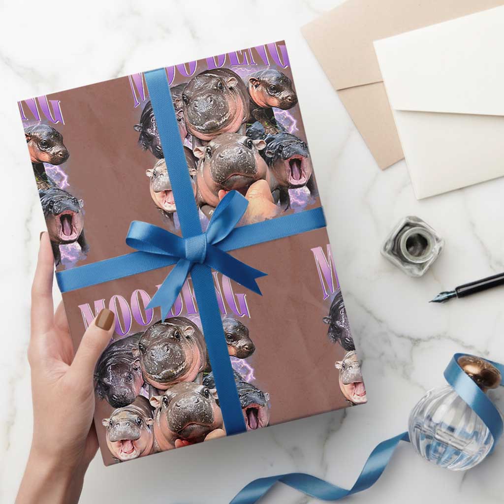 Baby Hippo Moo Deng Wrapping Paper Roll Funny Moo-deng Baby Pygmy Hippopotamus TS02 Mocha Print Your Wear