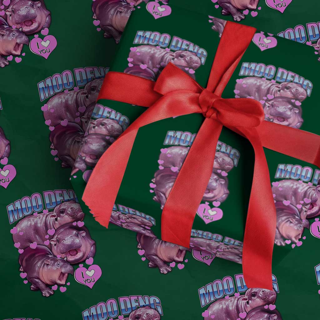 Baby Hippo Moo Deng Wrapping Paper Roll I Love Moo-Deng I Heart You Cute Pygmy Hippopotamus TS02 Green Print Your Wear