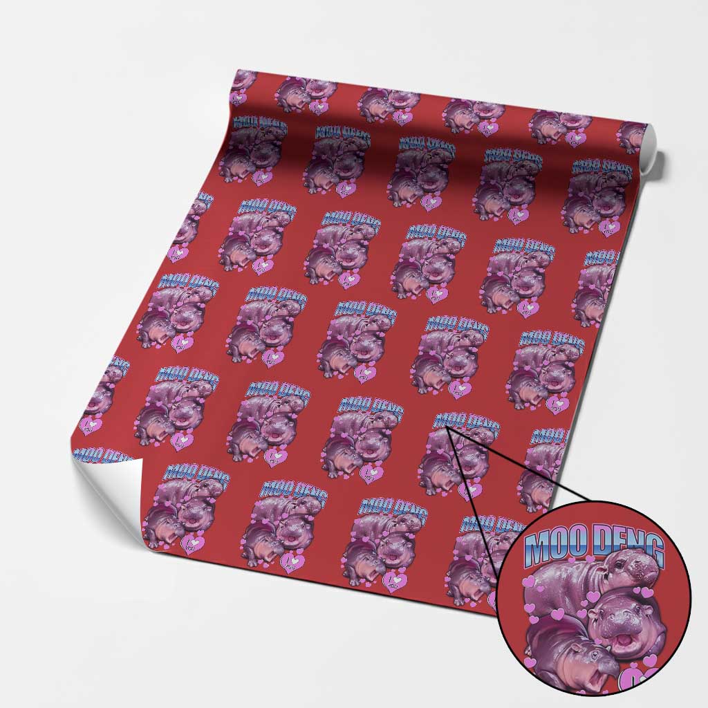 Baby Hippo Moo Deng Wrapping Paper Roll I Love Moo-Deng I Heart You Cute Pygmy Hippopotamus TS02 Red Print Your Wear
