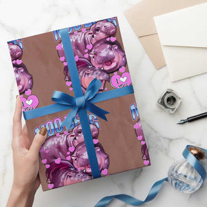 Baby Hippo Moo Deng Wrapping Paper Roll I Love Moo-Deng I Heart You Cute Pygmy Hippopotamus TS02 Mocha Print Your Wear
