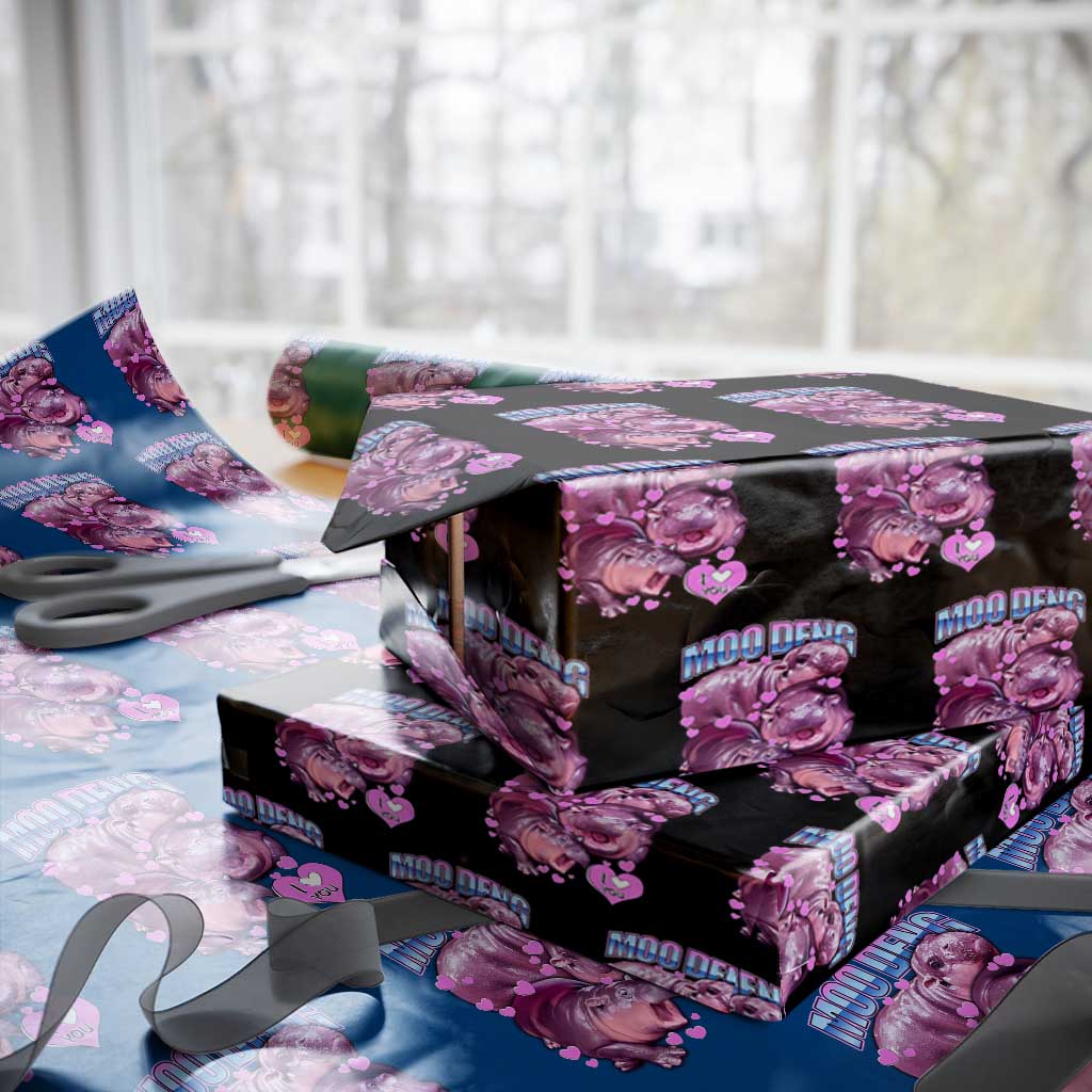 Baby Hippo Moo Deng Wrapping Paper Roll I Love Moo-Deng I Heart You Cute Pygmy Hippopotamus TS02 Black Print Your Wear