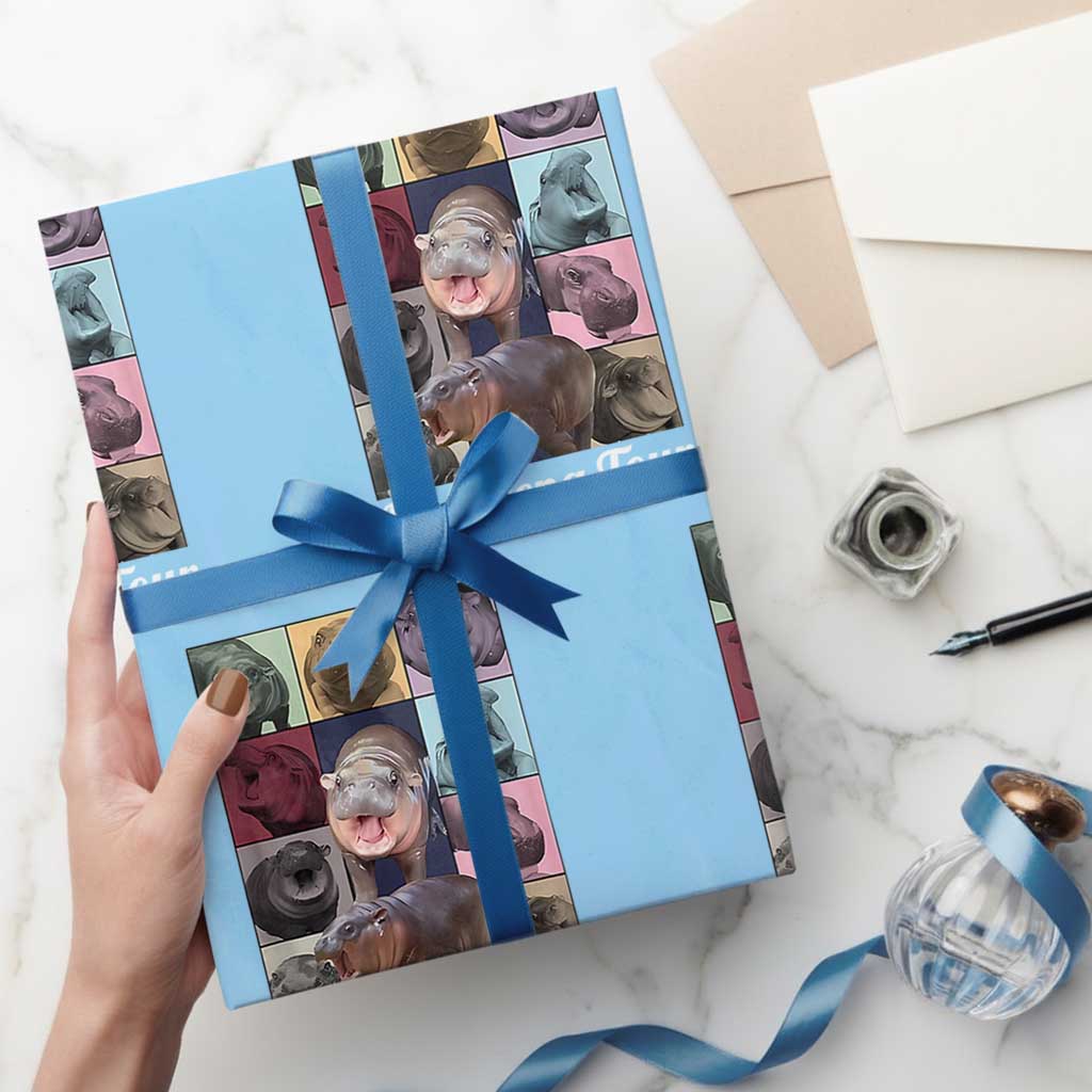 Baby Hippo Moo Deng Tour Wrapping Paper Roll Bouncy Cute Pygmy Hippopotamus TS02 Light Blue Print Your Wear