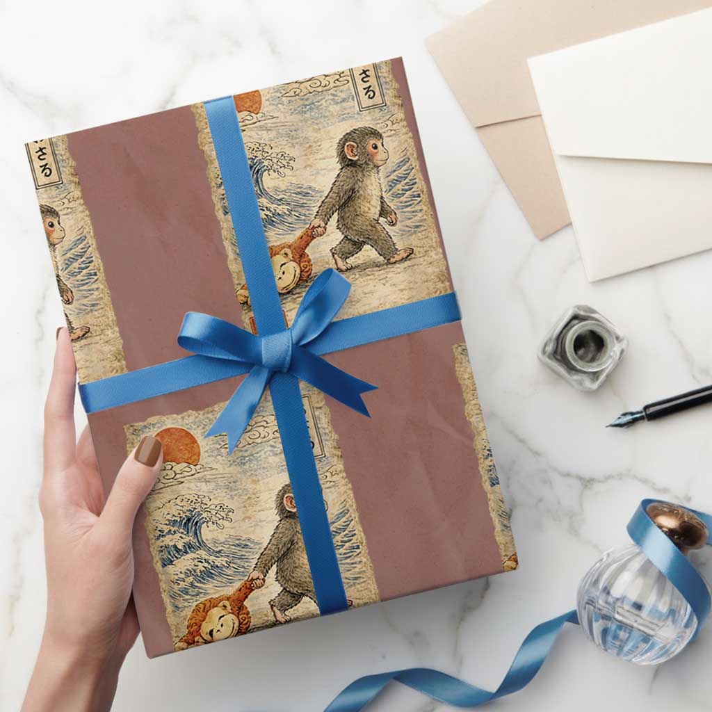 Baby Punch the Monkey Japanese Style Graphic Wrapping Paper Roll Dragging Plush Toy Vintage Art Gift TS02 Mocha Print Your Wear