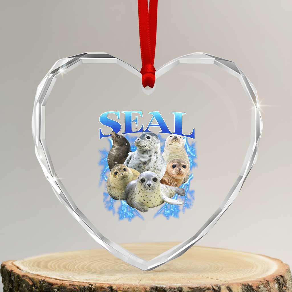 Baby Seals Heart Crystal Glass Ornament Retro Sea Dog Bootleg Vintage Graphic 90s TS10 Transparent Glass 3'' Heart Print Your Wear