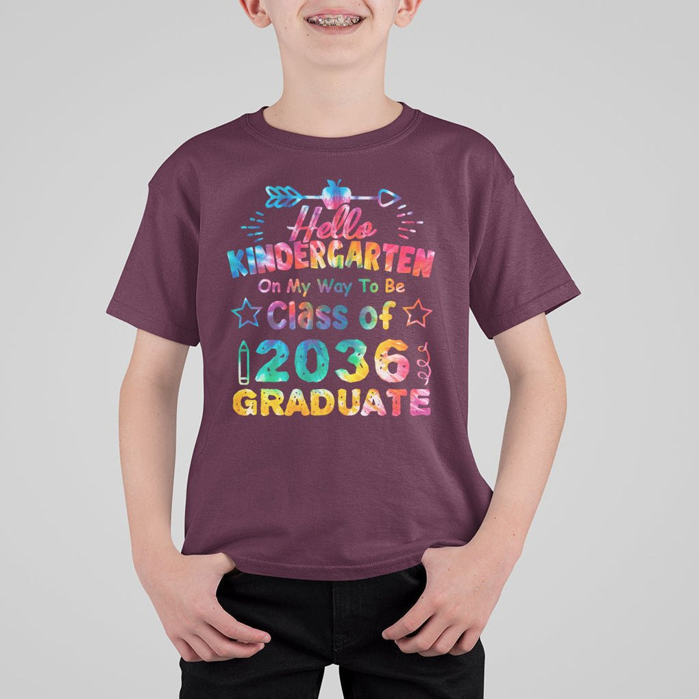 Hello Kindergarten T Shirt For Kid On My Way To Be Class Of 2036 Graduate 1st Day Of School TS02 Maroon Printyourwear