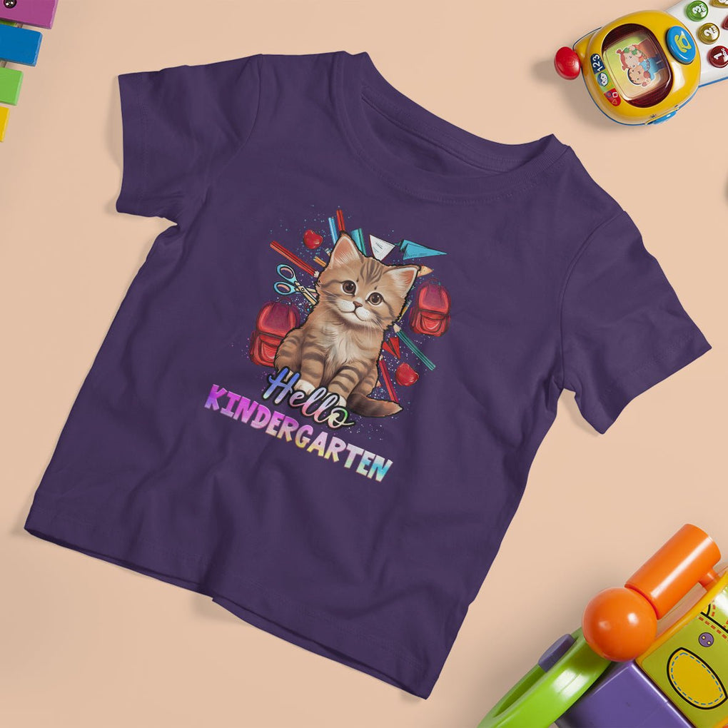 Cute Kindergarten Cat T Shirt For Kid Hello Kinder 1st Day Of School TS02 Purple Printyourwear