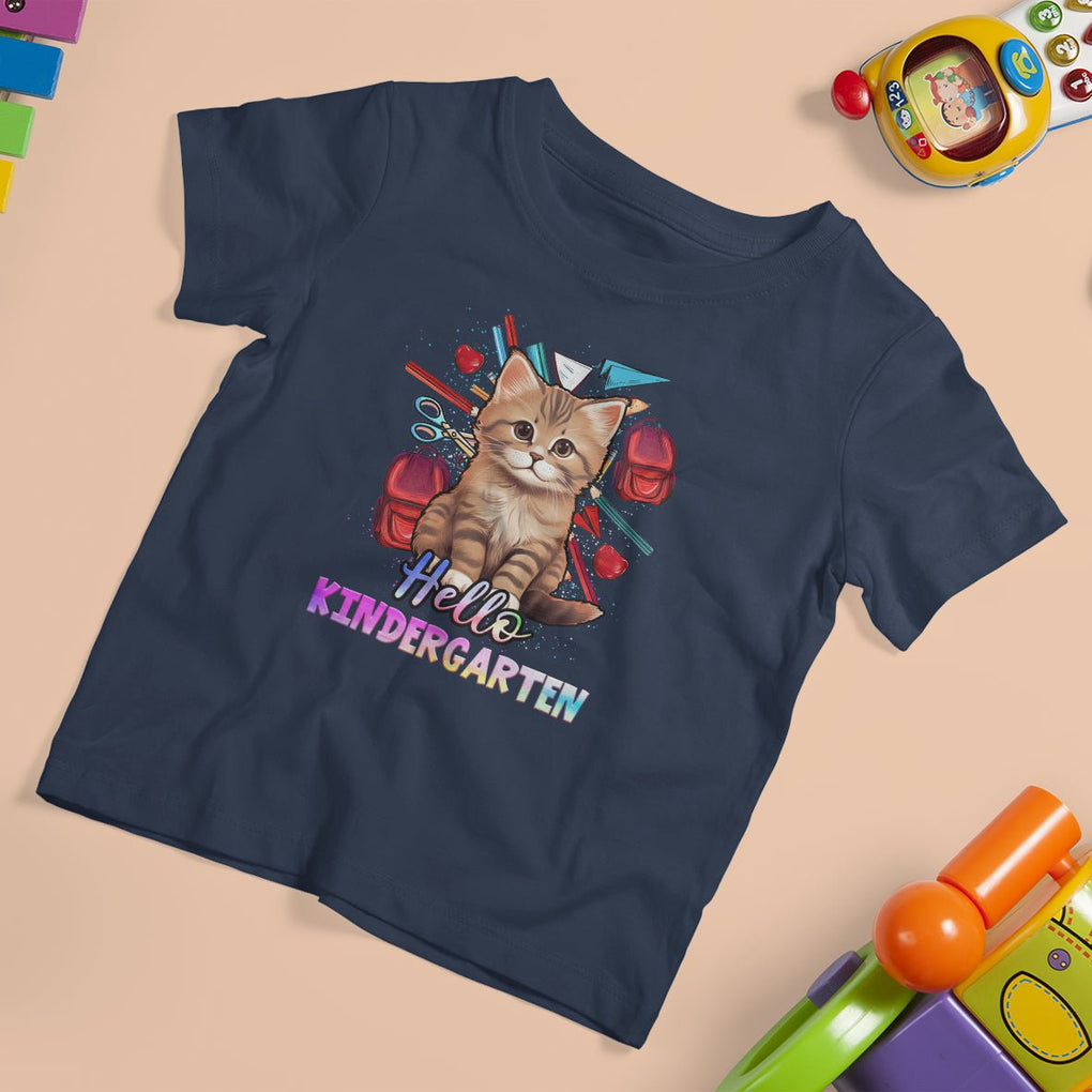 Cute Kindergarten Cat T Shirt For Kid Hello Kinder 1st Day Of School TS02 Navy Printyourwear