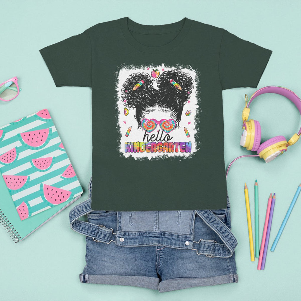 Hello Kindergarten T Shirt For Kid Messy Bun Girl Tie Dye 1st Day Of School TS02 Dark Forest Green Printyourwear