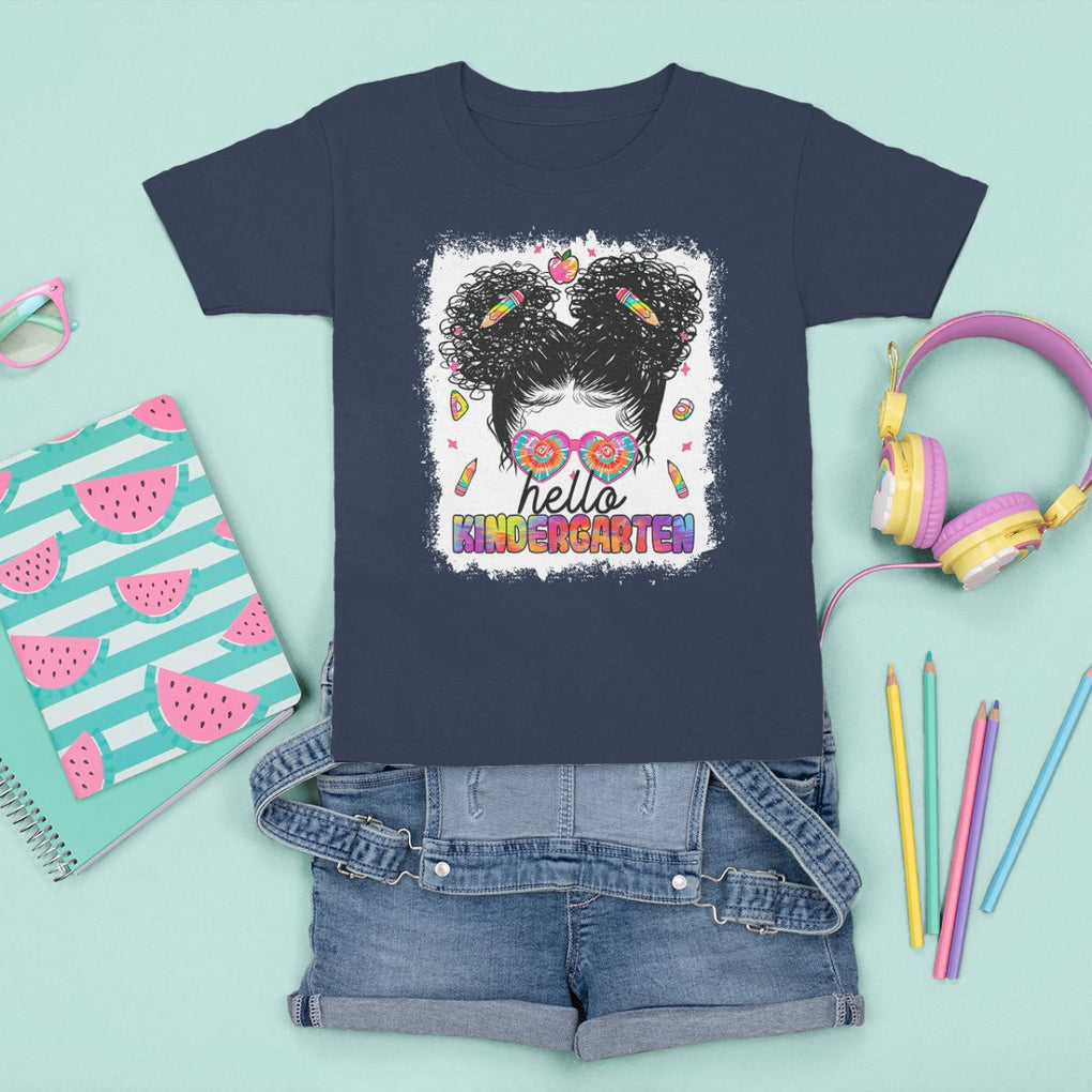 Hello Kindergarten T Shirt For Kid Messy Bun Girl Tie Dye 1st Day Of School TS02 Navy Printyourwear