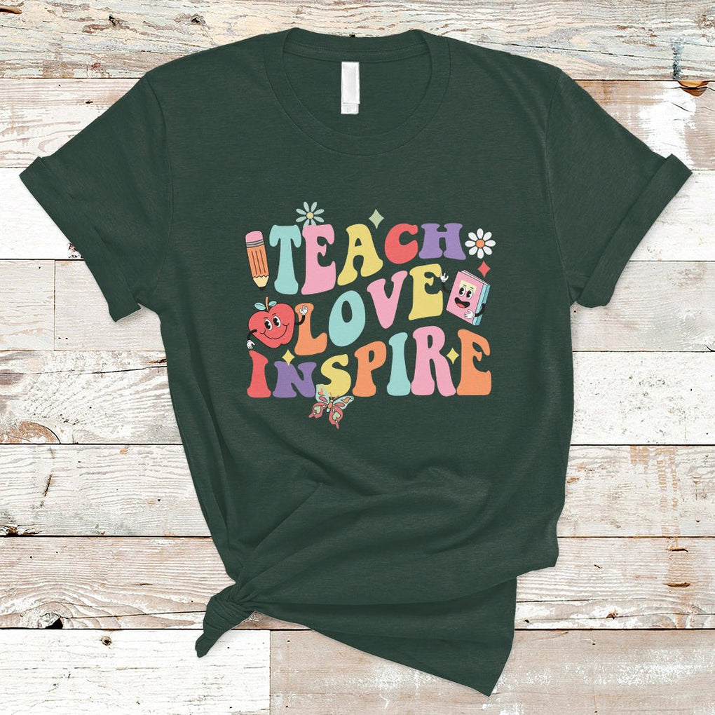 Teacher T Shirt Back To School Teach Love Inspire Retro Teachers Groovy TS02 Dark Forest Green Printyourwear