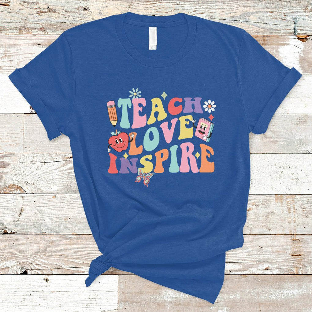 Teacher T Shirt Back To School Teach Love Inspire Retro Teachers Groovy TS02 Royal Blue Printyourwear