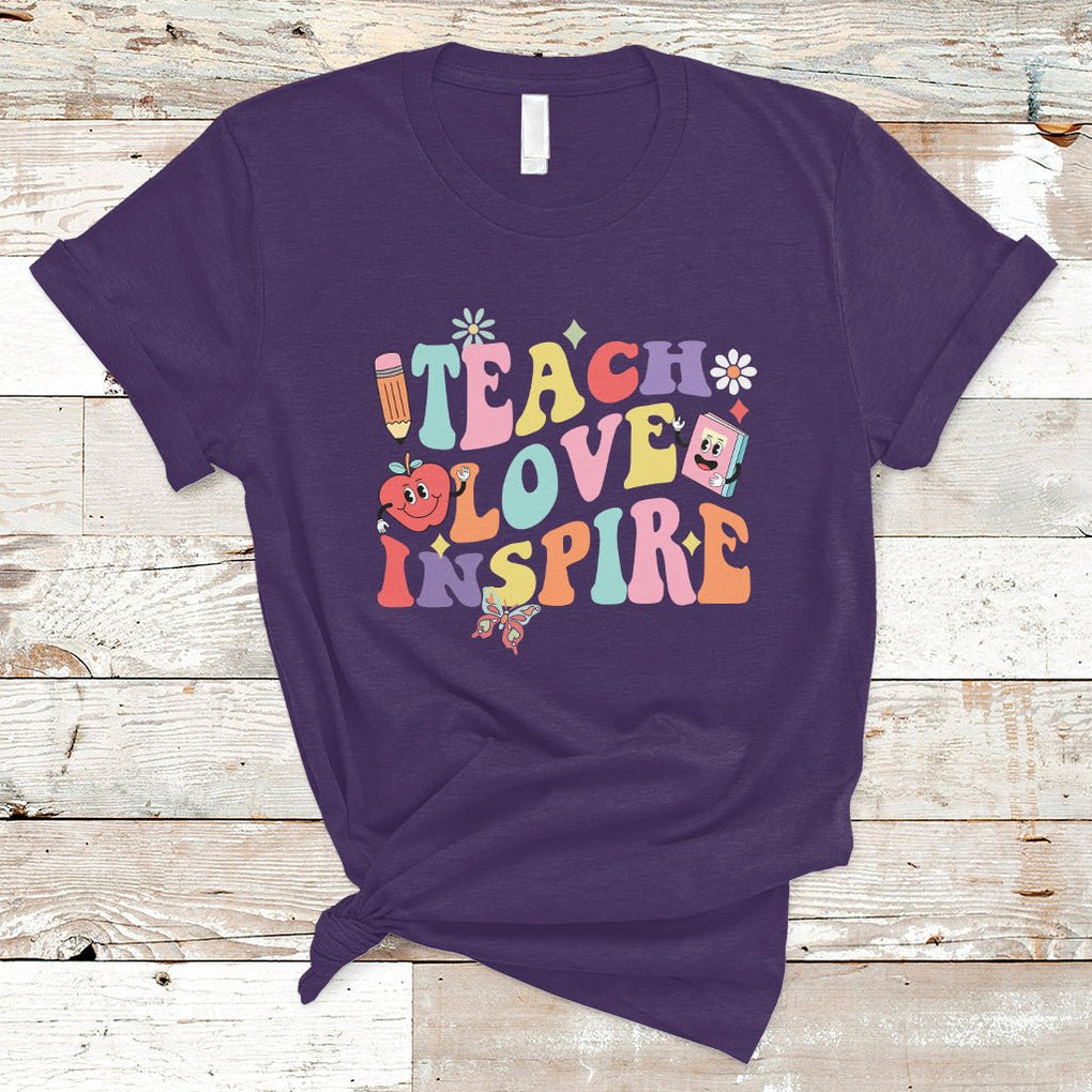 Teacher T Shirt Back To School Teach Love Inspire Retro Teachers Groovy TS02 Purple Printyourwear