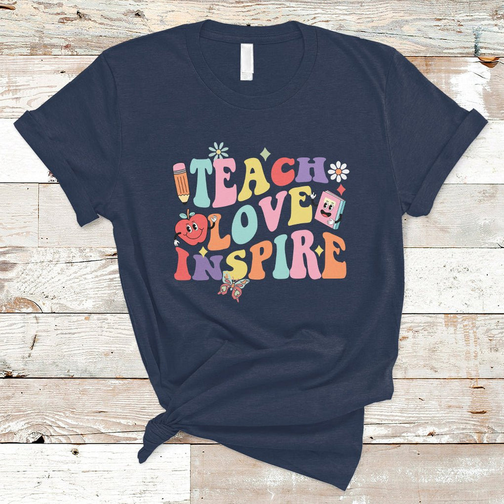 Teacher T Shirt Back To School Teach Love Inspire Retro Teachers Groovy TS02 Navy Printyourwear