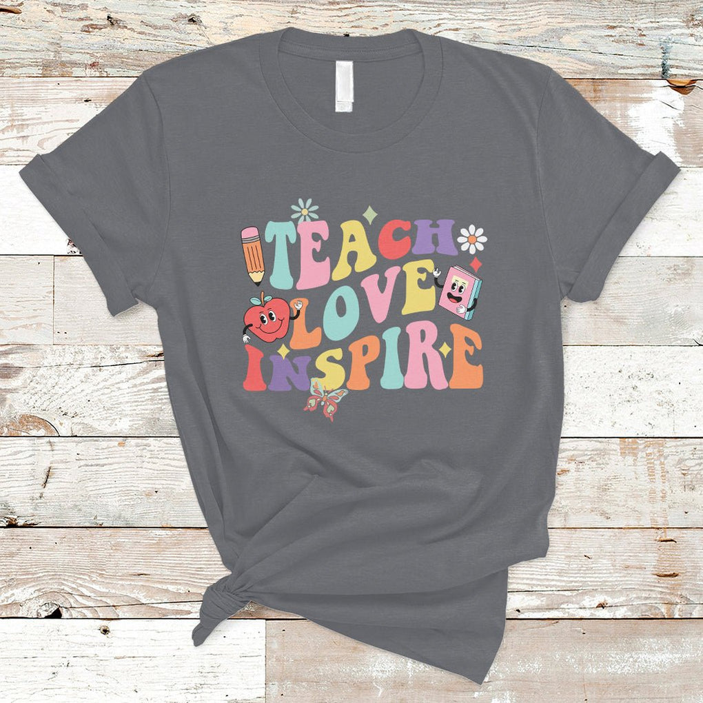 Teacher T Shirt Back To School Teach Love Inspire Retro Teachers Groovy TS02 Charcoal Printyourwear
