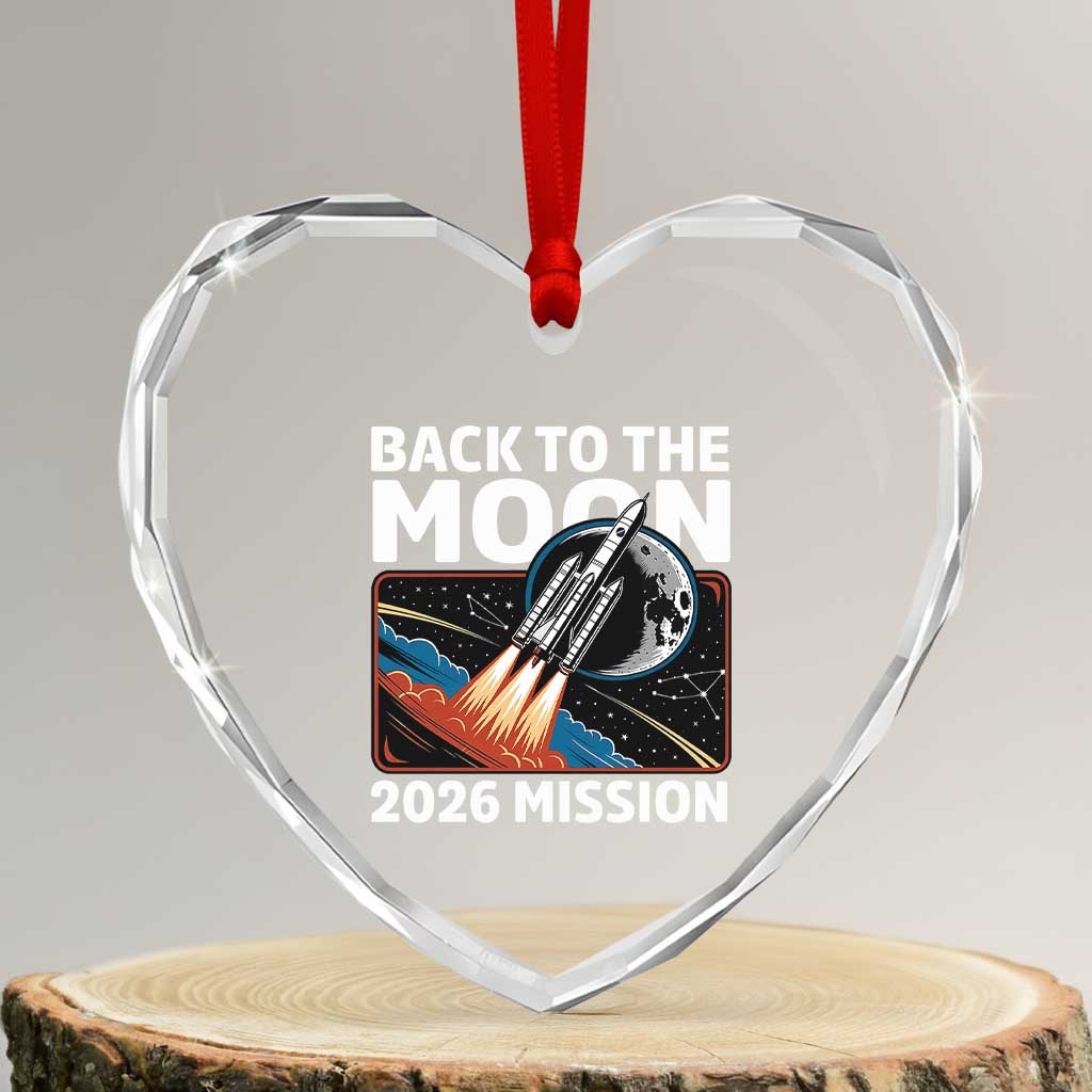 Back to the Moon 2026 Mission Heart Crystal Glass Ornament Retro Rocket Launch Lunar Orbit Space Enthusiasts TS02 Transparent Glass 3'' Heart Print Your Wear
