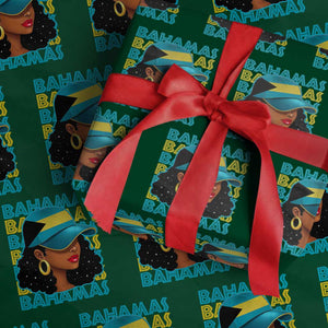 Bahamian Girl Wrapping Paper Roll Melanin Afro Messy Bun Black Woman Bahamas Flag TS10 Green Print Your Wear