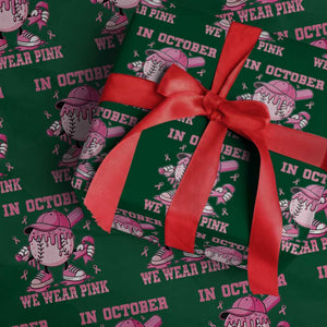 Baseball Breast Cancer Wrapping Paper Roll In October We Wear Pink Baseball Drip TS10 Green Print Your Wear