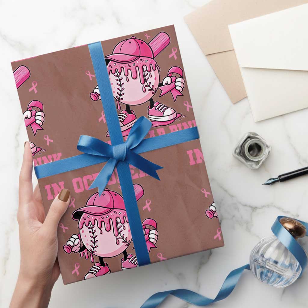 Baseball Breast Cancer Wrapping Paper Roll In October We Wear Pink Baseball Drip TS10 Mocha Print Your Wear