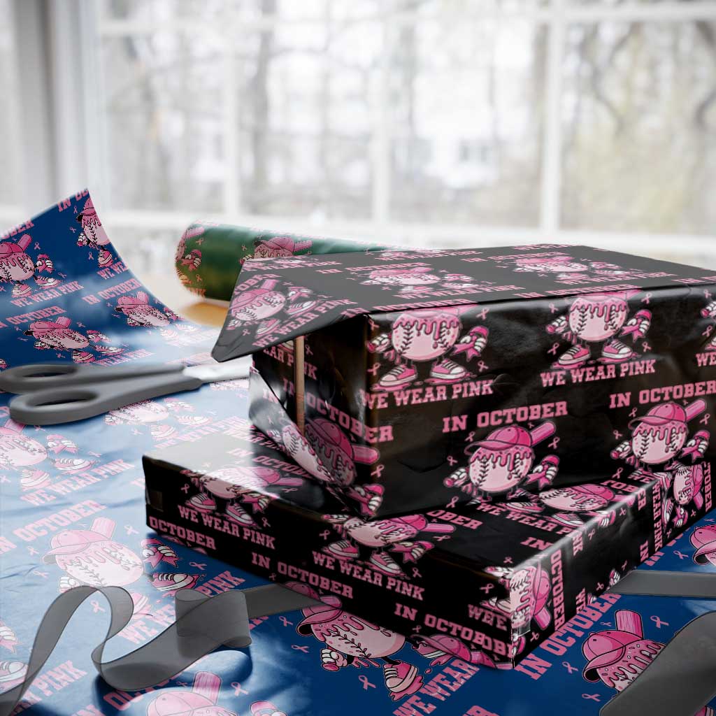 Baseball Breast Cancer Wrapping Paper Roll In October We Wear Pink Baseball Drip TS10 Black Print Your Wear