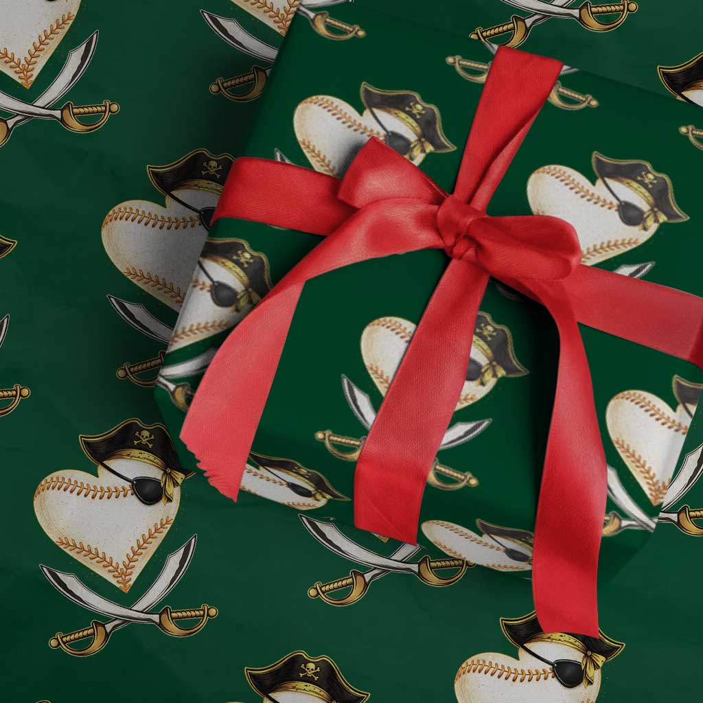 Baseball Pirate Wrapping Paper Roll Baseball Heart With Skull TS10 Green Print Your Wear